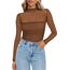 Zeagoo Netz Oberteil Damen Rundhal Transparente Bluse Langarm Mesh T Shirt Sexy Tops Party Slim Fit Frauen Clubwear Für Herbst Braun S