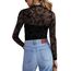 Zeagoo Transparentes Oberteil Damen Netzoberteil Rundhal Langarm Mesh Shirt Sexy Party Tops Netz Clubwear Slim Fit Langarmshirt Schwarz Geblümt M