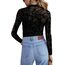 Zeagoo Mesh Oberteil Damen Rundhal Transparente Bluse Langarm Netz T Shirt Sexy Tops Party Slim Fit Frauen Clubwear für Herbst Schwarzes Raster S
