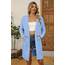 OUGES Strickjacken füR Damen Lang Cardigan Elegante Leicht Strickjacke Herbst Strickjackenpullover mit Taschen Blau L