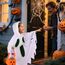 Gespenst Kostüm Kinder mit Leuchtendem,3-12 Jahre Halloween Kostüm Kinder Geist Umhang Weiß mit Kapuze & Kürbis Bag,Geistergesicht Boo Geister Kostüme Mädchen Jungen für Halloween Karneval Cosplay(S)