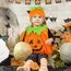 beifon Halloween Kostüm Kinder Kürbis mit Hut und Kürbistasche, Fleece Pumpkin Cosplay Kleinkind 3-7 Jahre für Halloween, Karneval Party