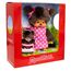 Sekiguchi 254930 - Original Monchhichi Mutter mit Kind im Kinderwagen, Plüschfigur mit Pünktchenkleid und zwei Zöpfen mit pinker Schleife, ca. 20 cm großes Kuscheltier aus braunem Plüsch