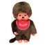 Sekiguchi 255010 - Original Monchhichi Junge, Plüschfigur mit rotem Latz und Zöpfen mit Schleifen, ca. 20 cm großes Kuscheltier aus braunem Plüsch