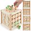 Bieco Motorikwürfel aus Holz FSC® – Montessori Activity Cube ab 12 Monaten – Karotten-Steckspiel (Größen sortieren) & Kugelbahn – Zahlen/Motive, Memory, Schiebelabyrinth – Design Hase