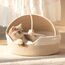 CheerPals Katzenbett Geflochten & Katzenhöhle mit Deckel – Formstabiler Katzenkorb aus Kratzfestem Garn, 2-in-1 Kuschelhöhle mit Waschbarem Kissen für Versteck & Schlaf, 44x44x33cm (Beige/Blau)