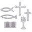 FEPITO 80 Stück Hölzerne Dekorationen Tischdeko Streudeko für Konfirmation Kommunion Silber Kreuz, Fisch, Kelch, Bibel - Größe ca. 3,5 bis 5 cm
