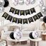 Luftballons Geburtstag Dekoration Set, Schwarz Silber Geburtstagsdeko Happy Birthday deko Banner Party Deko Geburtstag Set mit SilberLuftballons Konfetti Ballons Dreiecksflaggen Girlanden(BK+SR+SJQ)