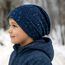 Wollhuhn Kinder Beanie – Zweilagige Longbeanie aus Jersey, wendbar & weich – mit Grauer Innenseite – Handmade in Deutschland – ganzjährig tragbar (Galaxy Sprenkel Blau, S, 48-50)
