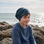 Wollhuhn Kinder Beanie – Zweilagige Longbeanie aus Jersey, wendbar & weich – mit Grauer Innenseite – Handmade in Deutschland – ganzjährig tragbar (Lines Türkis/Schwarz, L)
