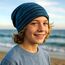 Wollhuhn Kinder Beanie – Zweilagige Longbeanie aus Jersey, wendbar & weich – mit Grauer Innenseite – Handmade in Deutschland – ganzjährig tragbar (Lines Türkis/Schwarz, L)