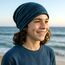 Wollhuhn Kinder Beanie – Zweilagige Longbeanie aus Jersey, wendbar & weich – mit Grauer Innenseite – Handmade in Deutschland – ganzjährig tragbar (Lines Türkis/Schwarz, L)