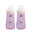 MAM Easy Active Trinkflasche im 2er-Set (270 ml), Baby Trinkflasche inklusive MAM Sauger Größe 1 aus SkinSoft Silikon, Milchflasche mit ergonomischer Form, 0+ Monate, Katze/Schmetterling