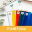 perfect line - 15 Hefthüllen DIN A4 – 5 Farben, glasklar, extra stark – transparente Heftumschläge aus recycelbarem PP, dokumentenecht, säurefrei, langlebig – Heftschoner für Schule & Büro