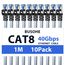 BUSOHE Cat 8 LAN Kabel 1m (10-Stück), 40Gbps 2000MHz Ethernet Kabel Netzwerkkabel, Flach Hochgeschwindigkeits Gigabit RJ45 Patchkabel, Geflochtener Internet Kabel Kompatibel mit PC, Router, Modem