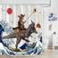 Fowocu Duschvorhang, lustiger Katzen-Dinosaurier-Duschvorhang, coole Katze, japanische Ozeanwelle, wasserdichter Stoff, für Badezimmer, Kinder, rustikales Holz, Bauernhaus (183 x 213 cm)