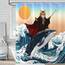 Fowocu lustiger Duschvorhang mit Katzen-Wal-Motiv, cool, japanische Ozeanwelle, für Badezimmer, orange, blau, Anime, Kinder, nautisch, wasserdicht, Stoff, Badvorhang, Dekoration, 183 x 183 cm