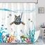 Fowocu Lustiges Katzen-Duschvorhang-Set, blaugrün/blau, wasserfester Stoff, Duschvorhänge mit Tier, Oktopus, Seestern, Schildkröte, Anker, Fische, Dekor (blau, 183 x 183 cm)