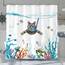 Fowocu lustiger Katzen-Duschvorhang, blaugrün, Meer, Ozean, wasserdichter Stoff, für Badezimmer, mit Tier, Oktopus, Seestern, Schildkröte, Anker, Fisch, nautisches Badvorhang-Dekor (183 x 183 cm)