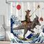 Fowocu Duschvorhang, lustiger Katzen-Dinosaurier-Duschvorhang, coole Katze, japanische Ozeanwelle, wasserdichter Stoff, für Badezimmer, Kinder, rustikales Holz, Bauernhaus (183 x 213 cm)