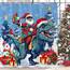 Fowocu Weihnachts-Duschvorhang, lustiger Weihnachtsmann, reitender Dinosaurier, für Badezimmer, Winter, Schneeflocke, Schneemann, rot, Stoff wasserdicht, Kinder-Badevorhang, Dekoration, 183 x 183 cm