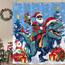 Fowocu Weihnachts-Duschvorhang, lustiger Weihnachtsmann, reitender Dinosaurier, für Badezimmer, Winter, Schneeflocke, Schneemann, rot, Stoff wasserdicht, Kinder-Badevorhang, Dekoration, 183 x 183 cm