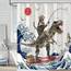 Fowocu Duschvorhang, extra lang, lustiges Katzen-Dinosaurier-Motiv, lustiges Kätzchen, Angeln, japanische Ozeanwelle, wasserdichter Stoff, fürs Bad, Kinder, rustikales Holz, Bauernhaus (183 x 213 cm)
