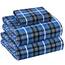 RUVANTI 100% Baumwolle, 3-teiliges Flanell-Bettlaken-Set, Doppelbett, Tiefe Tasche, warm, super weich, atmungsaktiv, feuchtigkeitsableitend, Spannbetttuch, 1 Kissenbezug – Blau kariert