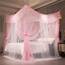 VETHIN 4 Ecken Pfosten Rüschen Prinzessin Bett Baldachin Vorhang, 4 Öffnungen Moskitonetz für Mädchen Erwachsene Schlafzimmer Dekoration (Rosa/Weiß, 162.6 cm Bx208.3 cm Lx208.3 cm H) Queen
