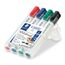 STAEDTLER Whiteboard Marker Lumocolor, ca. 2 mm Linienbreite, trocken und rückstandsfrei abwischbar von Whiteboards, hohe Qualität, Set mit 4 Markern inklusive Schwamm, 351 WP4P1X